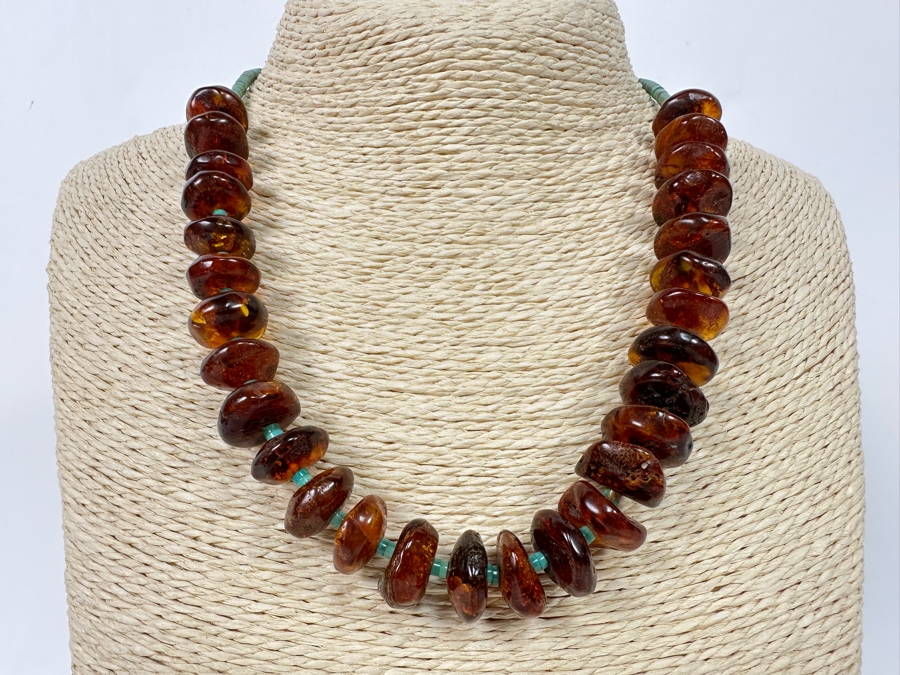 Stunning Amber Turquoise Bead Sterling Silver Clasp 18' Necklace [Photo 2]