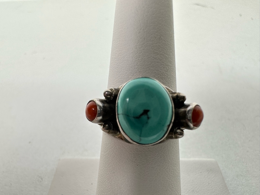 Vintage Sterling Silver Turquoise Coral Ring Size 6.5 5.7g [Photo 3]