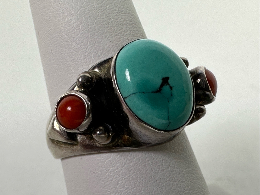 Vintage Sterling Silver Turquoise Coral Ring Size 6.5 5.7g [Photo 2]