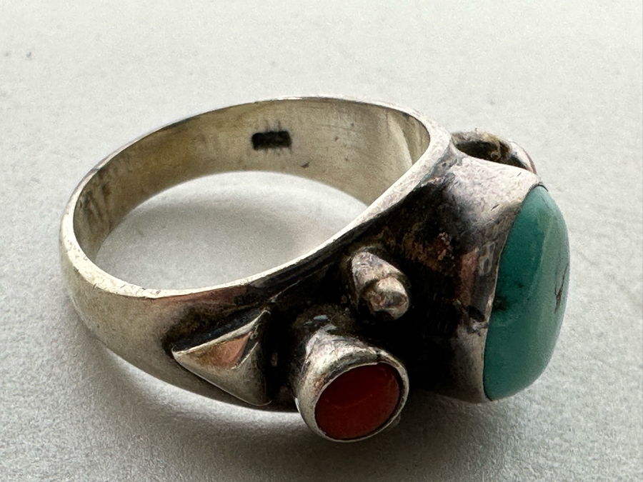 Vintage Sterling Silver Turquoise Coral Ring Size 6.5 5.7g [Photo 7]