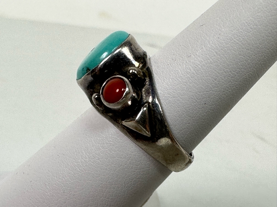 Vintage Sterling Silver Turquoise Coral Ring Size 6.5 5.7g [Photo 5]