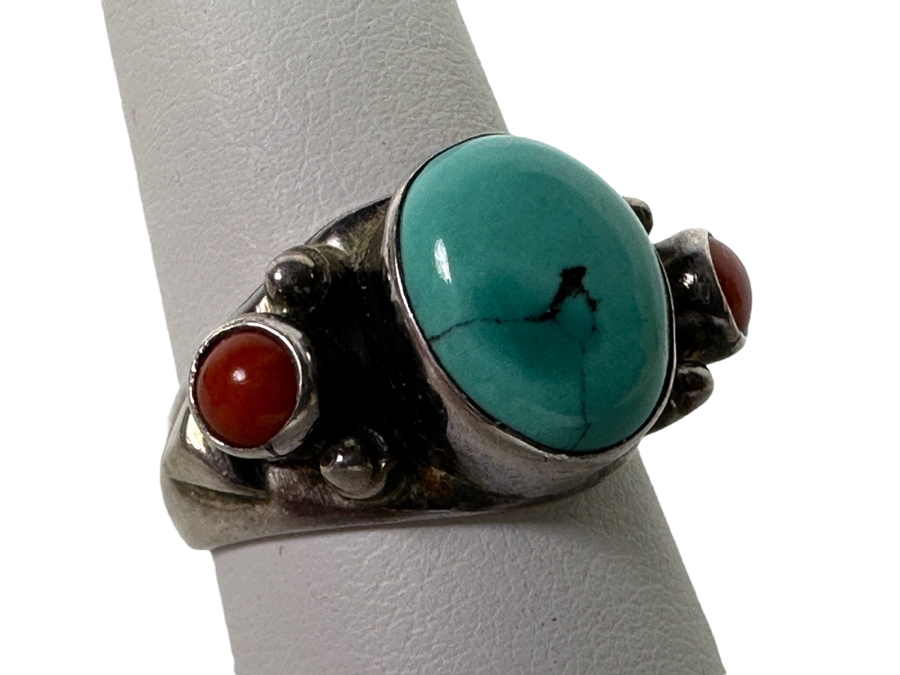 Vintage Sterling Silver Turquoise Coral Ring Size 6.5 5.7g