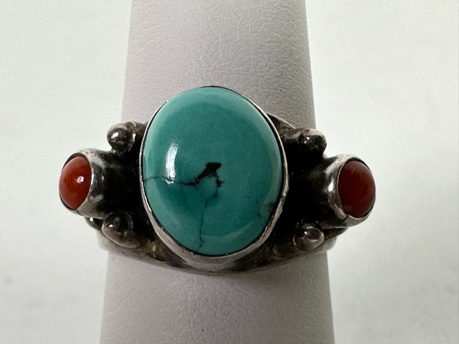 Vintage Sterling Silver Turquoise Coral Ring Size 6.5 5.7g [Photo 4]