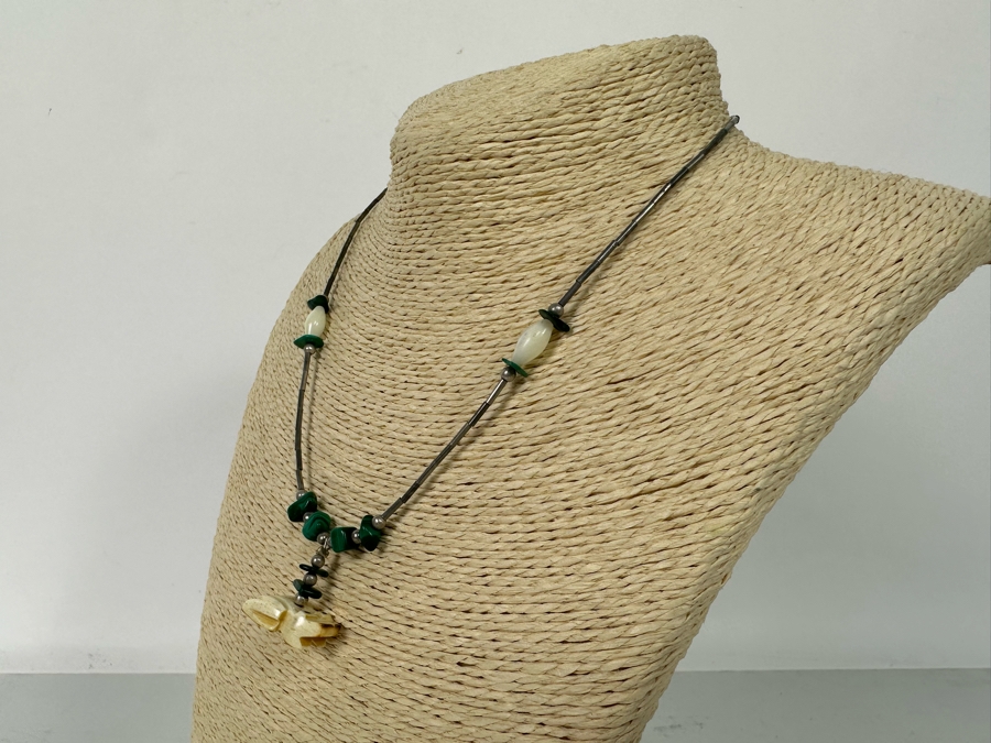 Sterling Silver Malachite Carved Fetish Pendant 16' Necklace 11.3g [Photo 8]