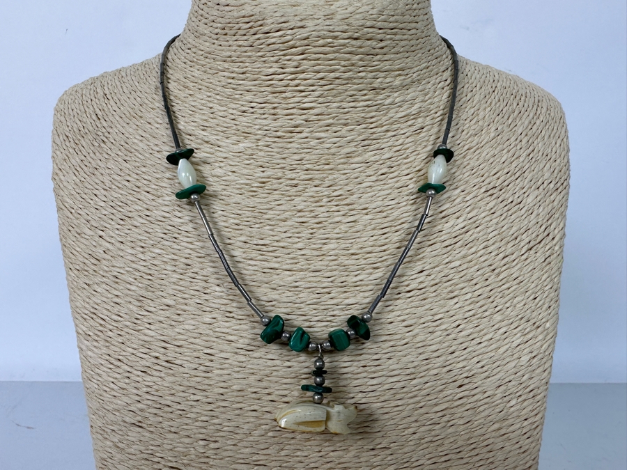 Sterling Silver Malachite Carved Fetish Pendant 16' Necklace 11.3g [Photo 3]