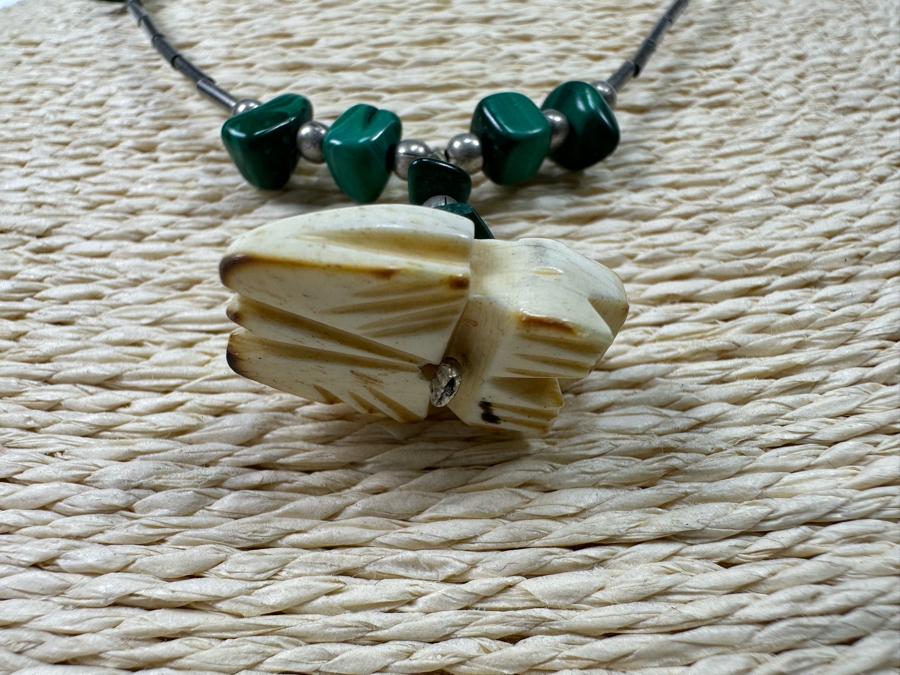 Sterling Silver Malachite Carved Fetish Pendant 16' Necklace 11.3g [Photo 6]
