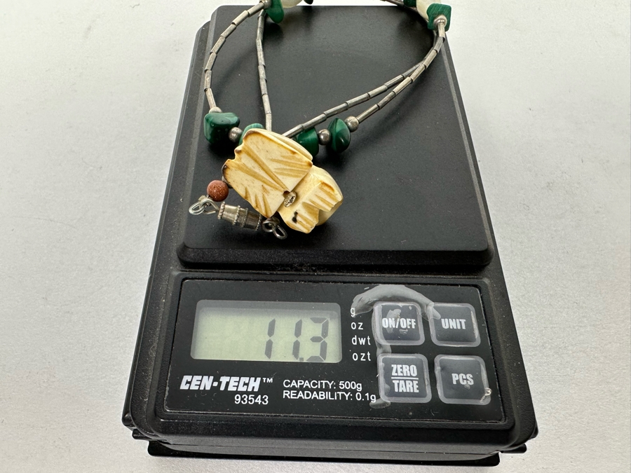 Sterling Silver Malachite Carved Fetish Pendant 16' Necklace 11.3g [Photo 11]