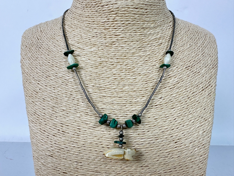 Sterling Silver Malachite Carved Fetish Pendant 16' Necklace 11.3g [Photo 2]
