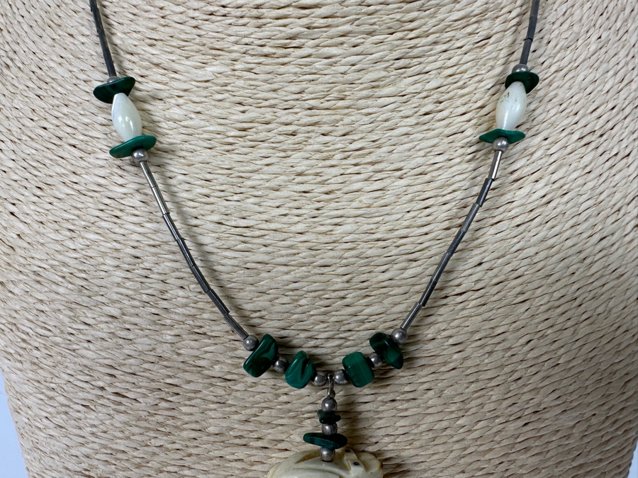 Sterling Silver Malachite Carved Fetish Pendant 16' Necklace 11.3g [Photo 7]