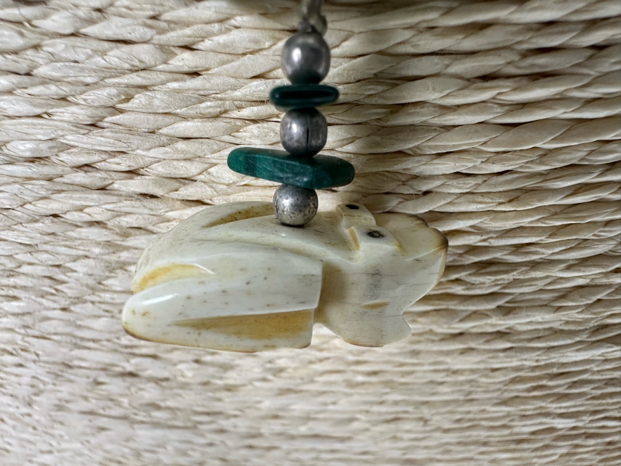 Sterling Silver Malachite Carved Fetish Pendant 16' Necklace 11.3g [Photo 5]