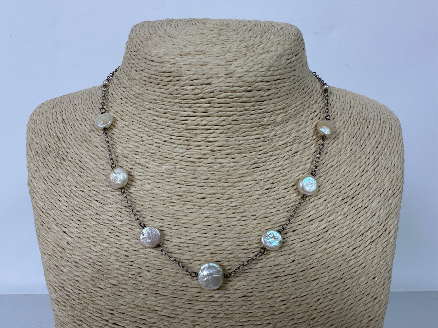Sterling Silver Pearl 16' Necklace With Matching Earrings 9.3g [Photo 5]