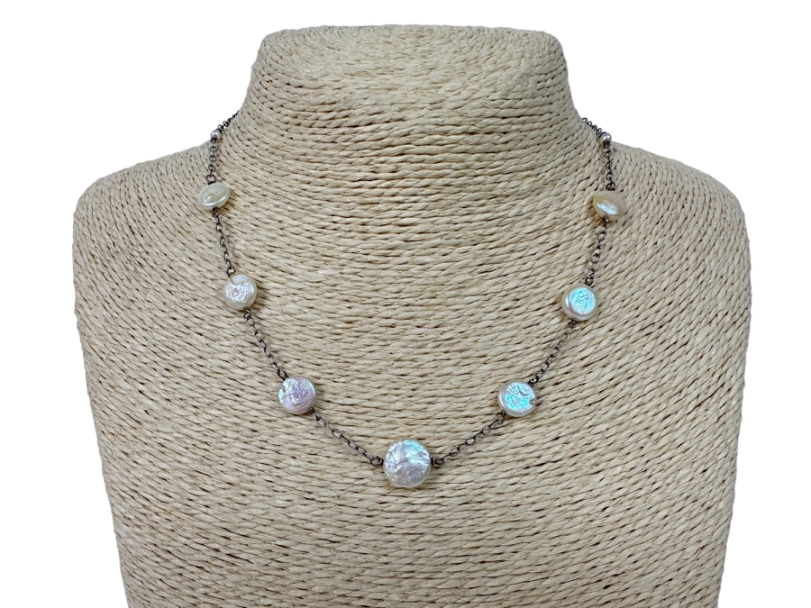 Sterling Silver Pearl 16' Necklace With Matching Earrings 9.3g [Photo 2]