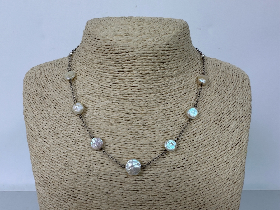 Sterling Silver Pearl 16' Necklace With Matching Earrings 9.3g [Photo 4]