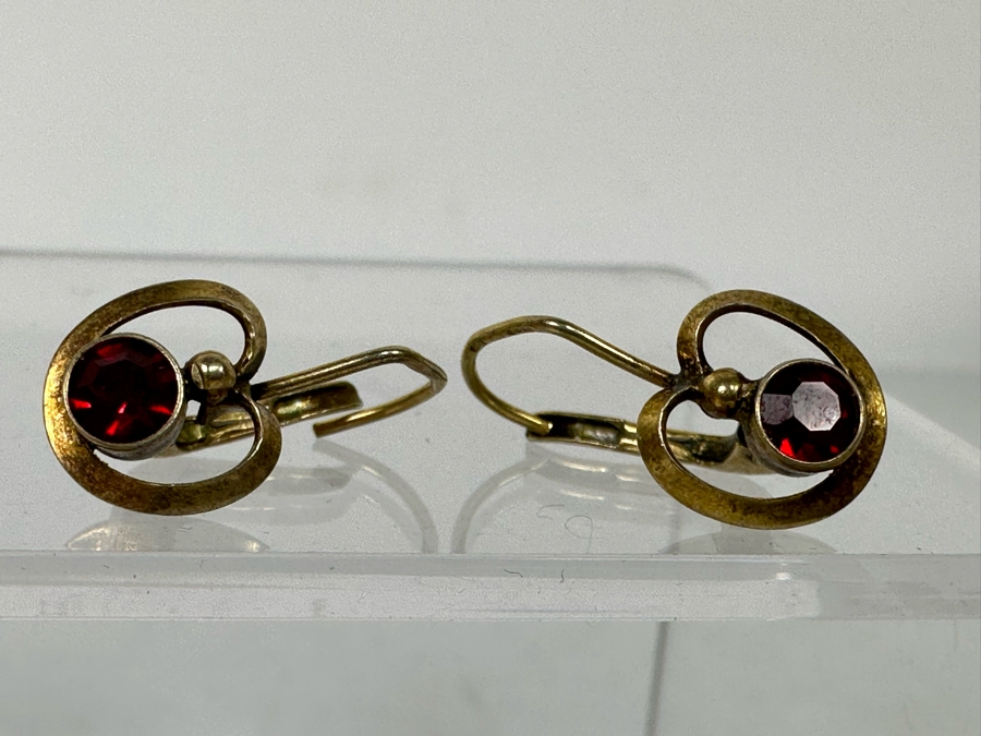 14K Gold Earrings With Red Stones 1.8g [Photo 3]