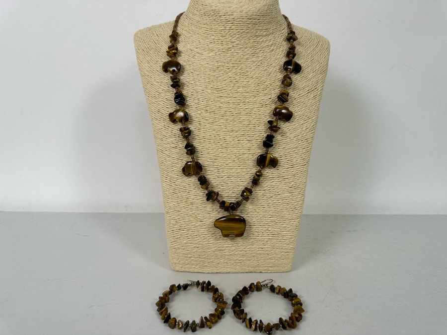 Vintage Tiger Eye Carved 22' Necklace With Bear And Buffalos And Matching Earrings [Photo 11]