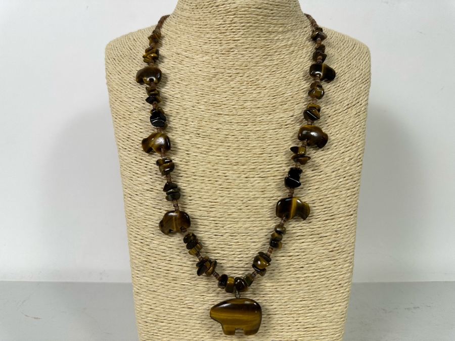 Vintage Tiger Eye Carved 22' Necklace With Bear And Buffalos And ...