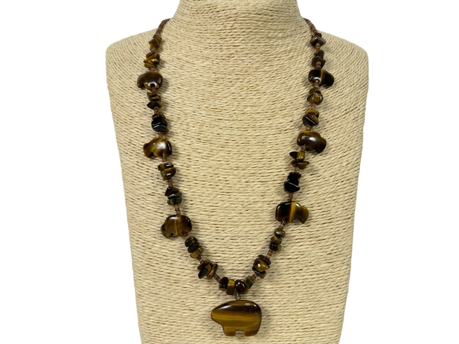 Vintage Tiger Eye Carved 22' Necklace With Bear And Buffalos And Matching Earrings