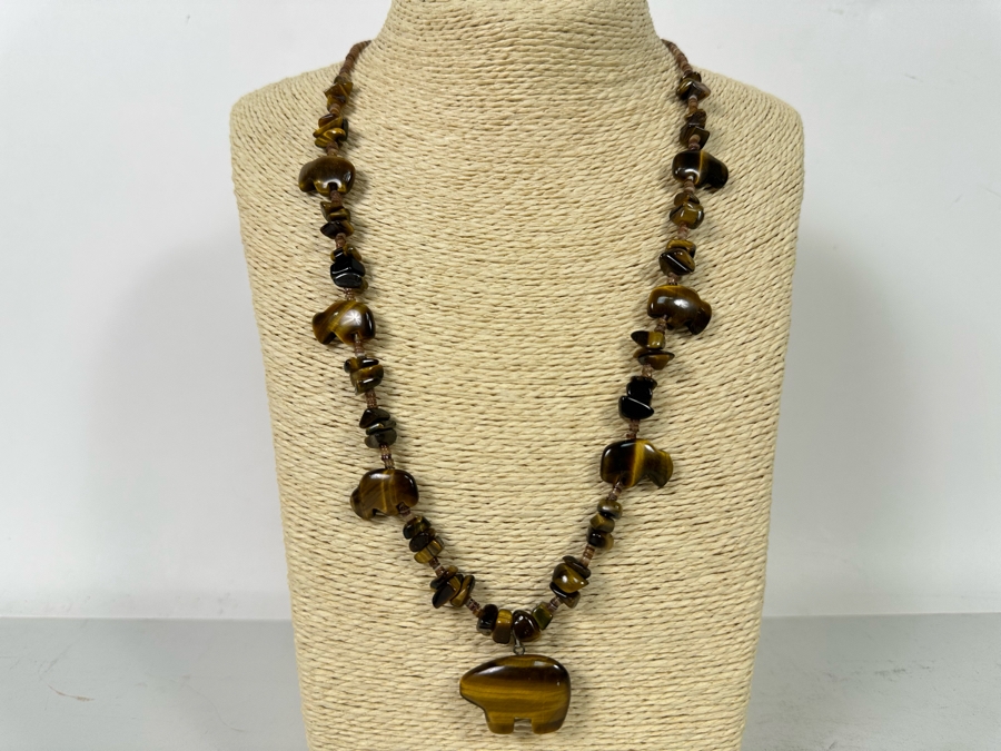 Vintage Tiger Eye Carved 22' Necklace With Bear And Buffalos And Matching Earrings [Photo 3]