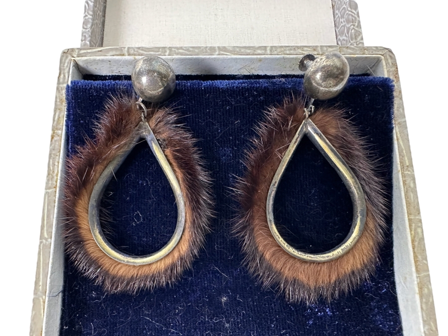 Vintage Silver And Fur Screwback Earrings With Original Box [Photo 1]