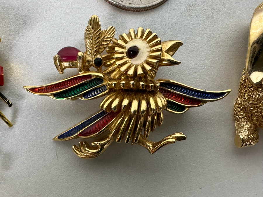 Costume Jewelry Lot: Vintage Trifari Dog Brooch Pin With Original Tags, Vintage Boucher Bird Brooch Pin And Vintage Rabbit Dancer Brooch Pin  [Photo 4]