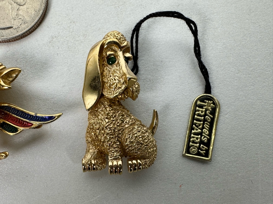 Costume Jewelry Lot: Vintage Trifari Dog Brooch Pin With Original Tags, Vintage Boucher Bird Brooch Pin And Vintage Rabbit Dancer Brooch Pin  [Photo 5]