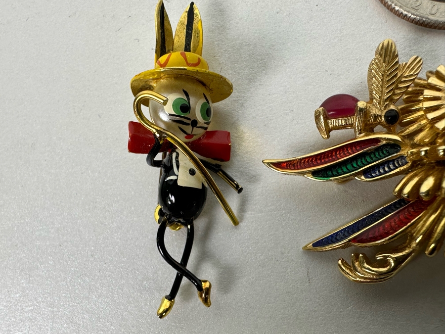 Costume Jewelry Lot: Vintage Trifari Dog Brooch Pin With Original Tags, Vintage Boucher Bird Brooch Pin And Vintage Rabbit Dancer Brooch Pin  [Photo 7]
