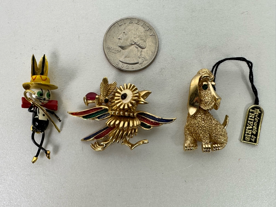 Costume Jewelry Lot: Vintage Trifari Dog Brooch Pin With Original Tags, Vintage Boucher Bird Brooch Pin And Vintage Rabbit Dancer Brooch Pin  [Photo 3]