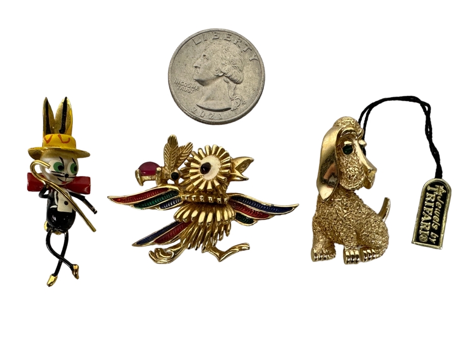 Costume Jewelry Lot: Vintage Trifari Dog Brooch Pin With Original Tags, Vintage Boucher Bird Brooch Pin And Vintage Rabbit Dancer Brooch Pin  [Photo 1]