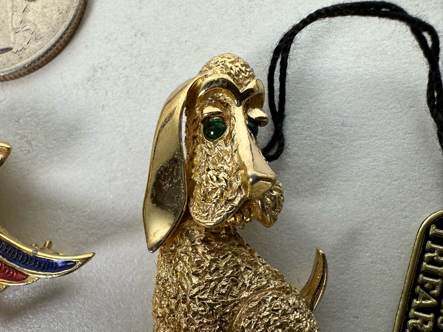 Costume Jewelry Lot: Vintage Trifari Dog Brooch Pin With Original Tags, Vintage Boucher Bird Brooch Pin And Vintage Rabbit Dancer Brooch Pin  [Photo 6]