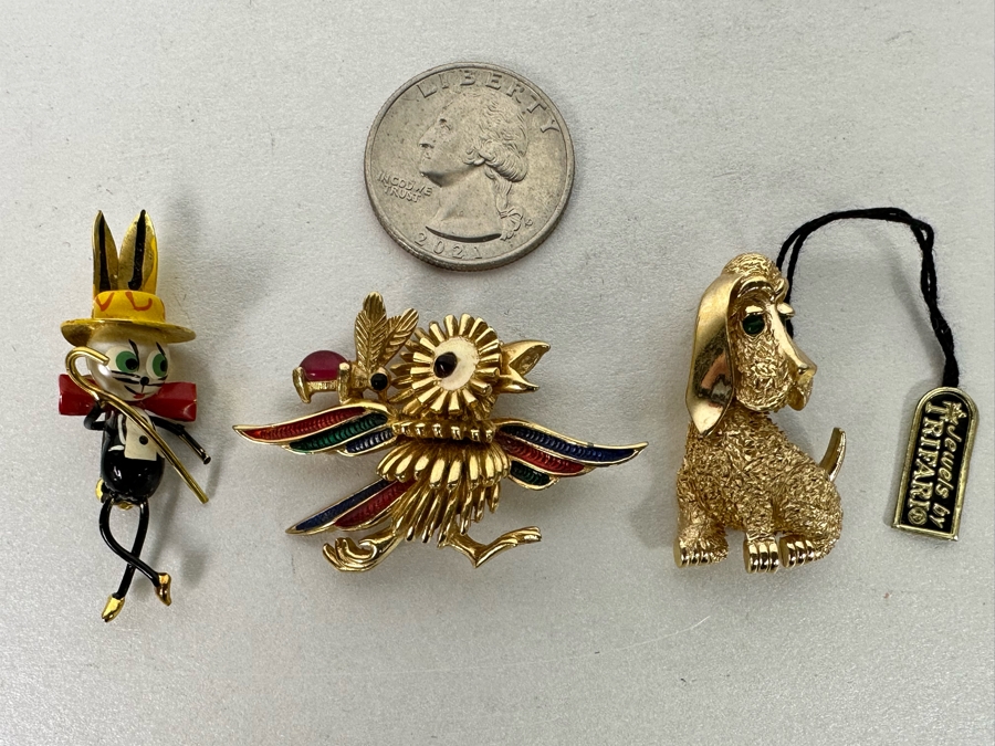 Costume Jewelry Lot: Vintage Trifari Dog Brooch Pin With Original Tags, Vintage Boucher Bird Brooch Pin And Vintage Rabbit Dancer Brooch Pin  [Photo 2]