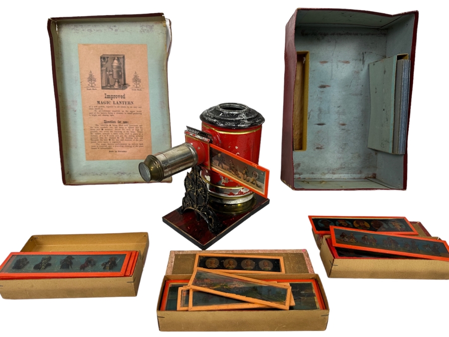 Vintage Magic Lantern With Original Box And Approximately 57 Glass Slides Made In Germany [Photo 1]