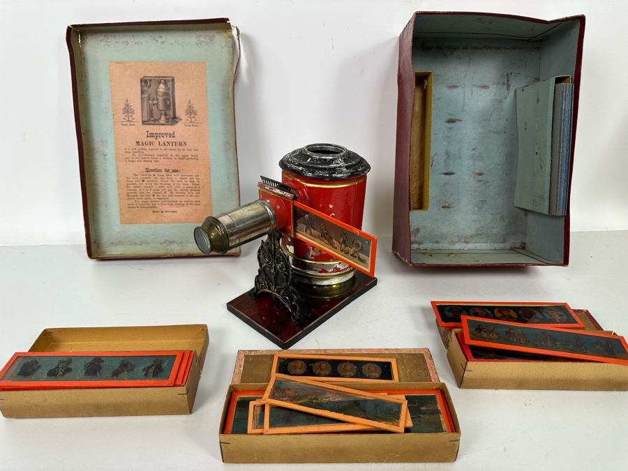 Vintage Magic Lantern With Original Box And Approximately 57 Glass Slides Made In Germany [Photo 3]