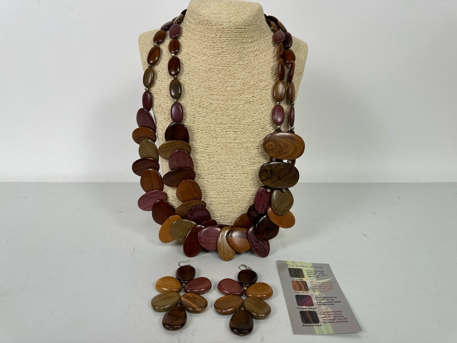 Madera Exotic Woods 30' Statement Necklace With Matching Earrings From Costa Rica [Photo 2]