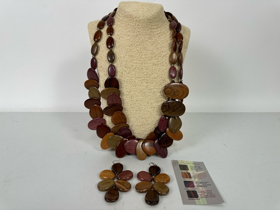 Madera Exotic Woods 30' Statement Necklace With Matching Earrings From Costa Rica [Photo 3]