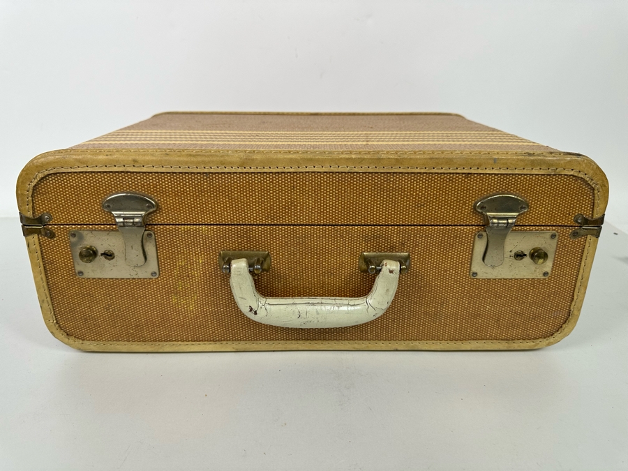 Vintage Tweed Suitcase With Leather Trim And Handle 18W X 12D X 7H [Photo 6]