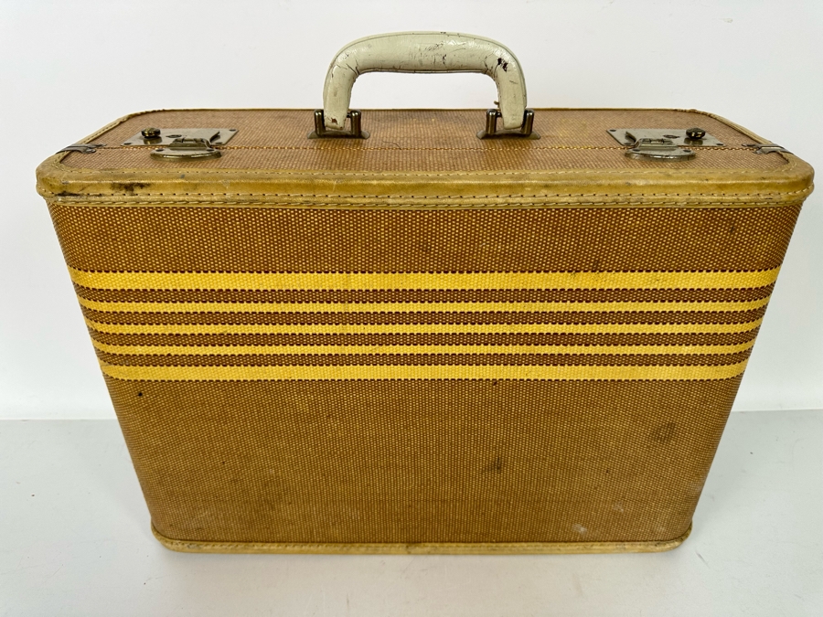 Vintage Tweed Suitcase With Leather Trim And Handle 18W X 12D X 7H [Photo 3]