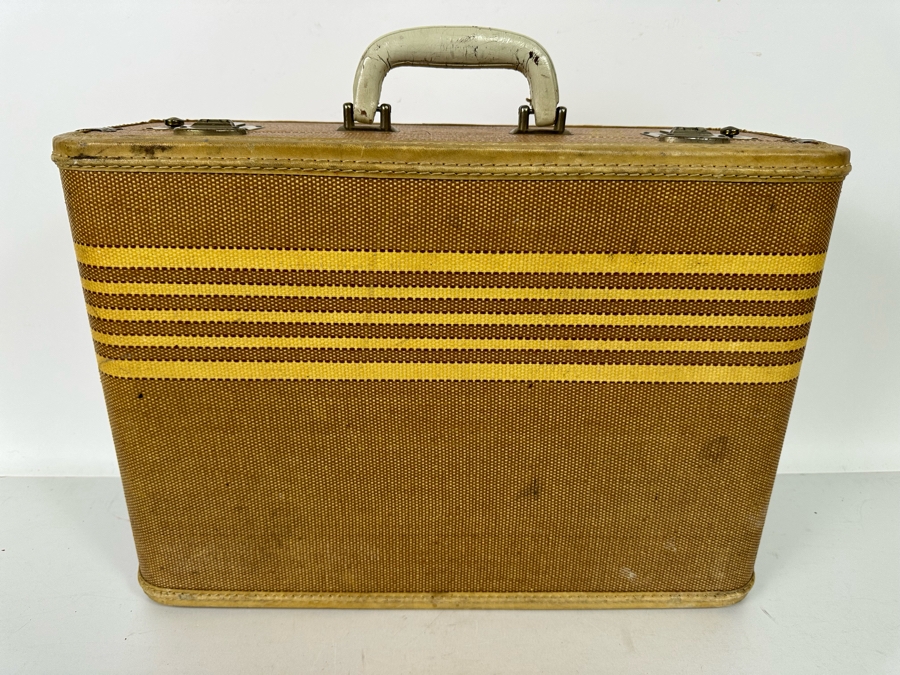 Vintage Tweed Suitcase With Leather Trim And Handle 18W X 12D X 7H [Photo 2]