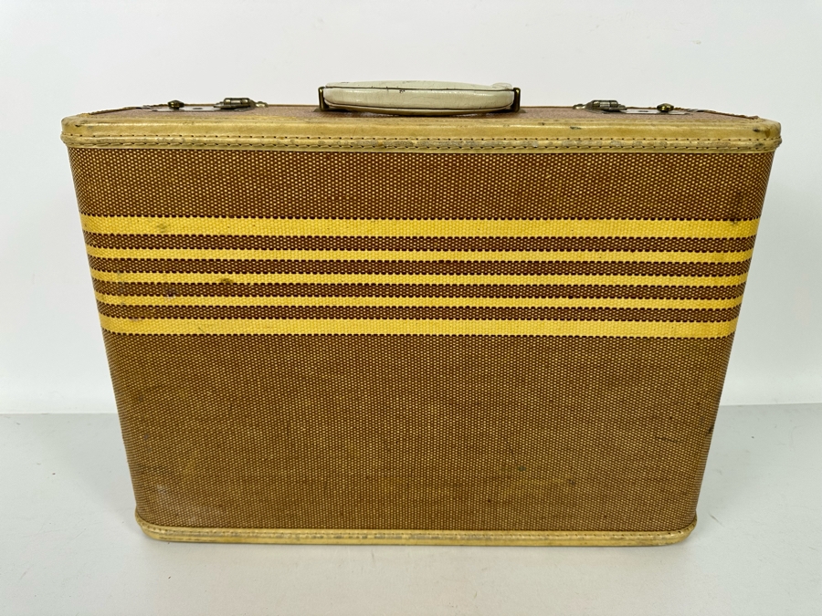 Vintage Tweed Suitcase With Leather Trim And Handle 18W X 12D X 7H [Photo 5]