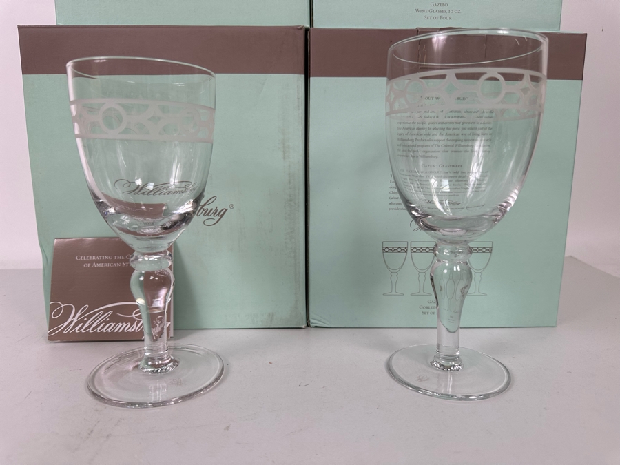 Eight New Williamsburg Gazebo Water Goblets 14oz And Eight New Williamsburg Gazebo Wine Glasses 10oz With Original Boxes [Photo 7]