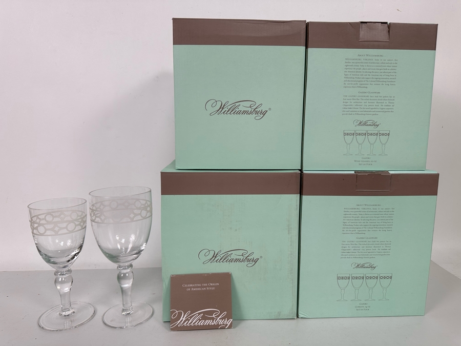 Eight New Williamsburg Gazebo Water Goblets 14oz And Eight New Williamsburg Gazebo Wine Glasses 10oz With Original Boxes [Photo 2]