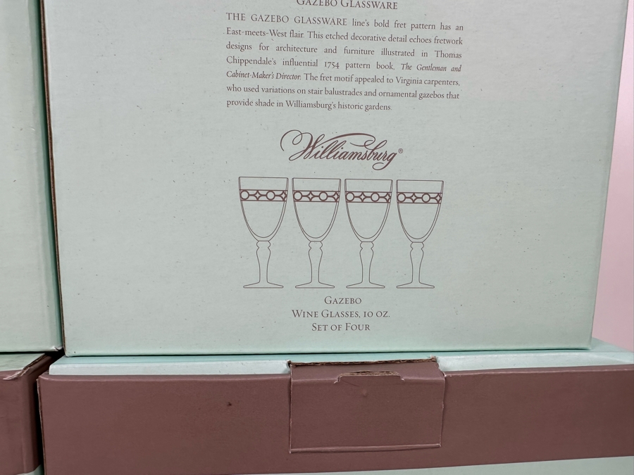 Eight New Williamsburg Gazebo Water Goblets 14oz And Eight New Williamsburg Gazebo Wine Glasses 10oz With Original Boxes [Photo 9]