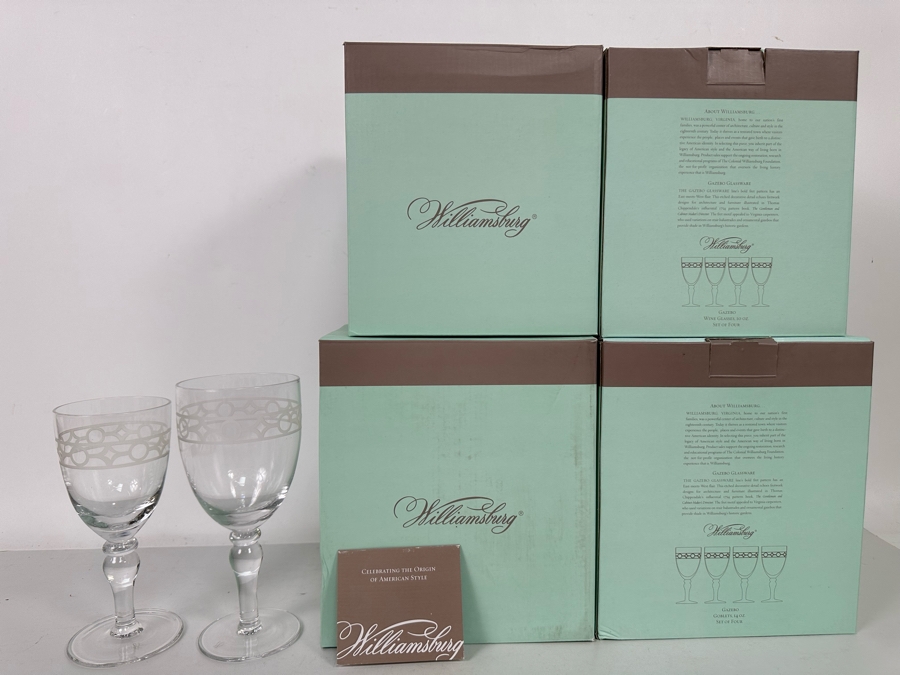 Eight New Williamsburg Gazebo Water Goblets 14oz And Eight New Williamsburg Gazebo Wine Glasses 10oz With Original Boxes [Photo 3]