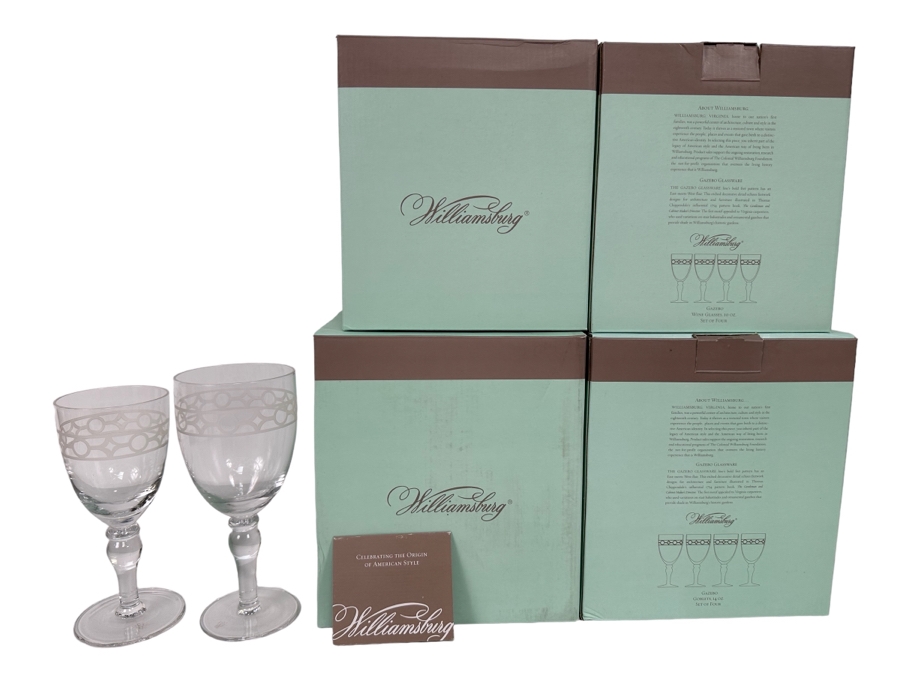 Eight New Williamsburg Gazebo Water Goblets 14oz And Eight New Williamsburg Gazebo Wine Glasses 10oz With Original Boxes [Photo 1]