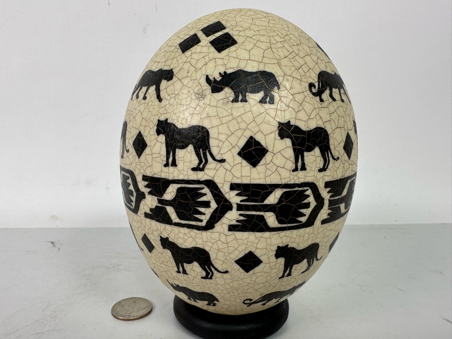 Hand Painted Ostrich Egg Signed Carol With Stand 6.5H [Photo 7]