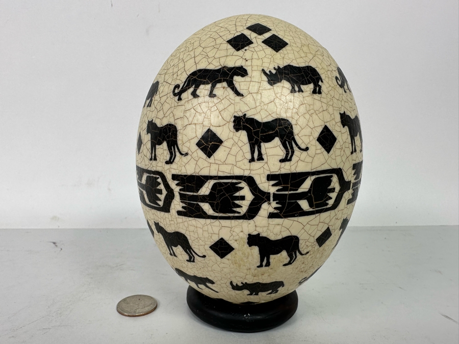 Hand Painted Ostrich Egg Signed Carol With Stand 6.5H [Photo 4]