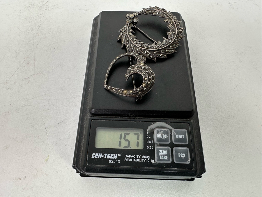 Pair Of Vintage Sterling Silver Marcasite Brooches Pins 15.7g [Photo 9]