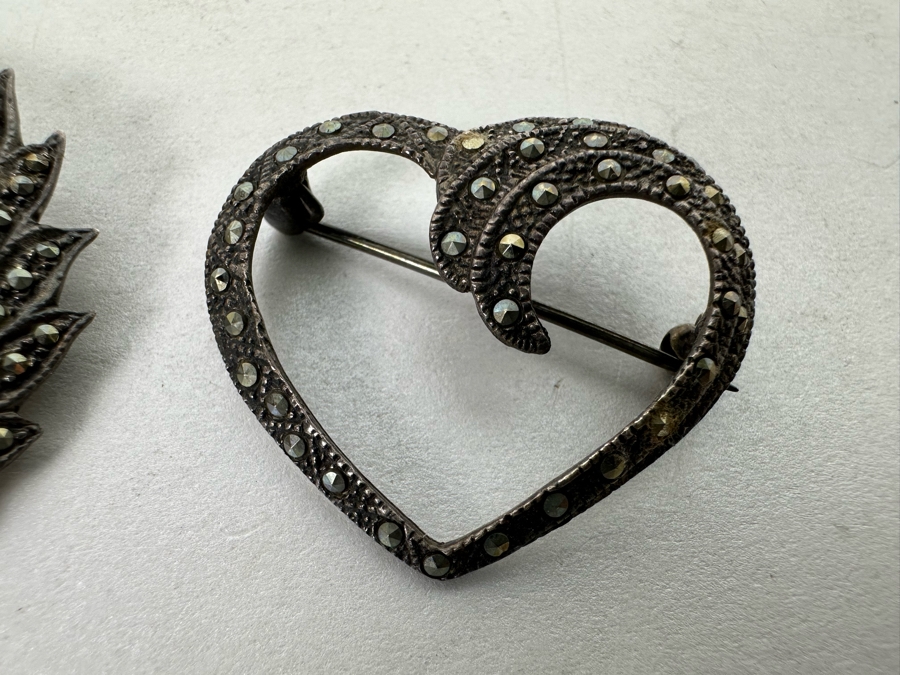 Pair Of Vintage Sterling Silver Marcasite Brooches Pins 15.7g [Photo 6]