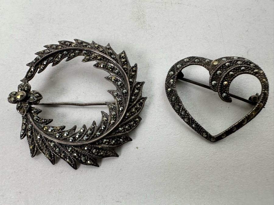 Pair Of Vintage Sterling Silver Marcasite Brooches Pins 15.7g [Photo 3]
