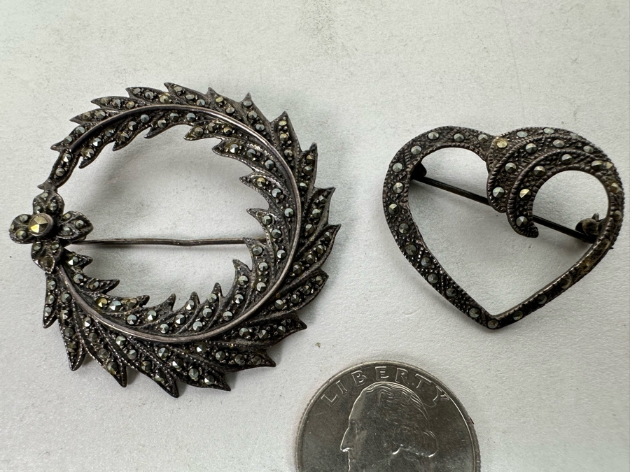 Pair Of Vintage Sterling Silver Marcasite Brooches Pins 15.7g [Photo 2]