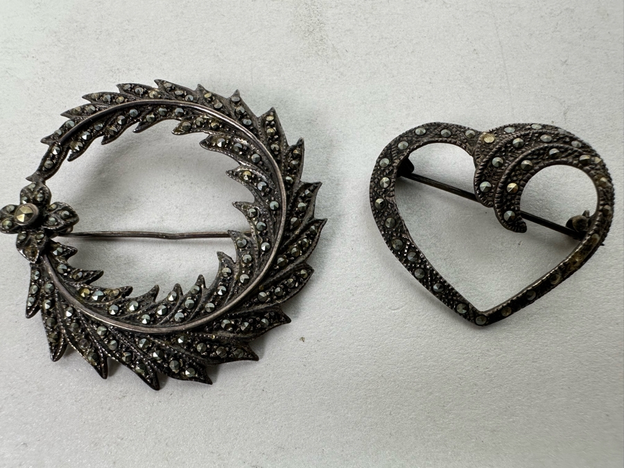 Pair Of Vintage Sterling Silver Marcasite Brooches Pins 15.7g [Photo 4]